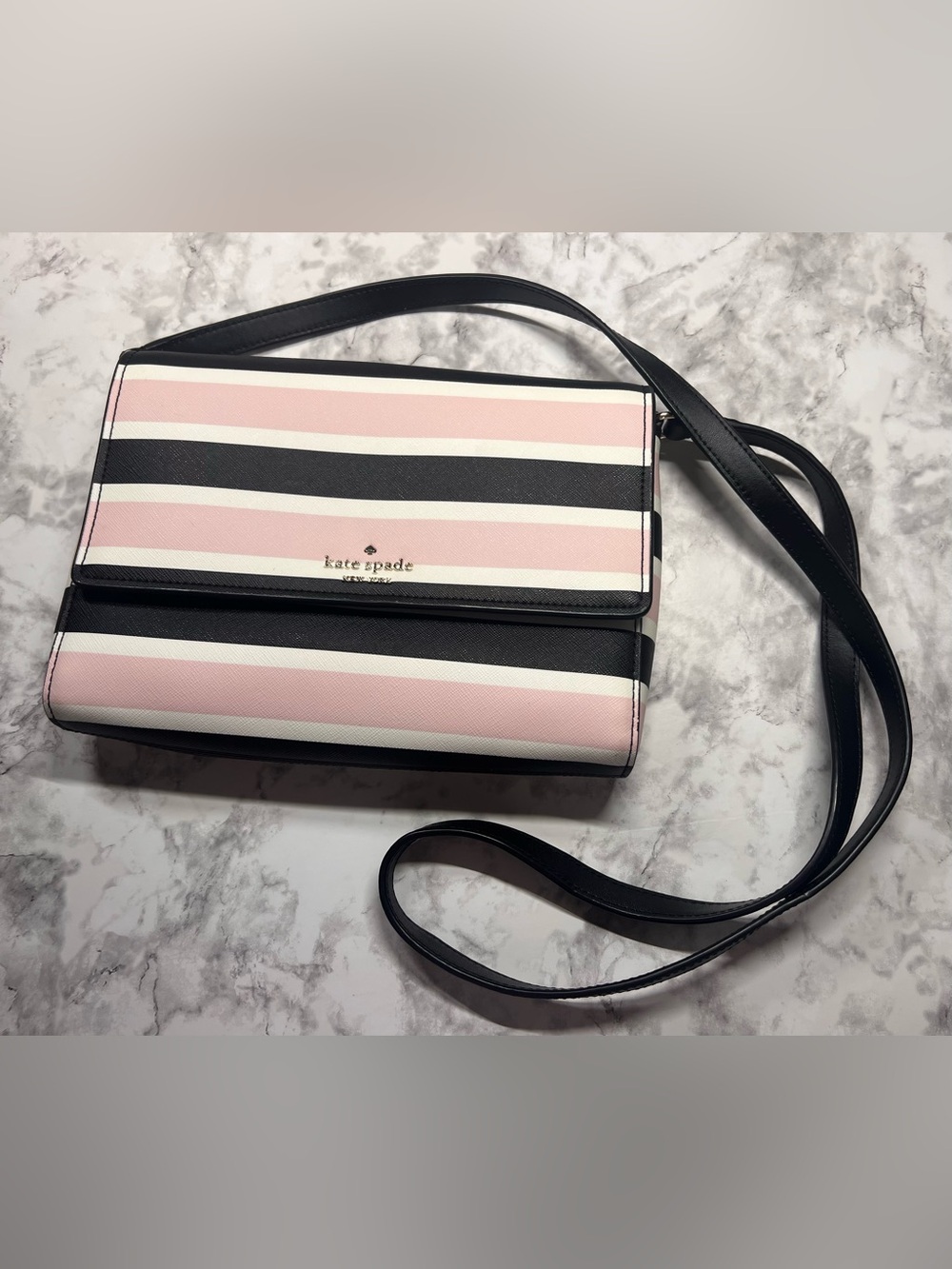 kate spade Pink, Black & White Striped Crossbody Shoulder Bag - Picture 1 of 5